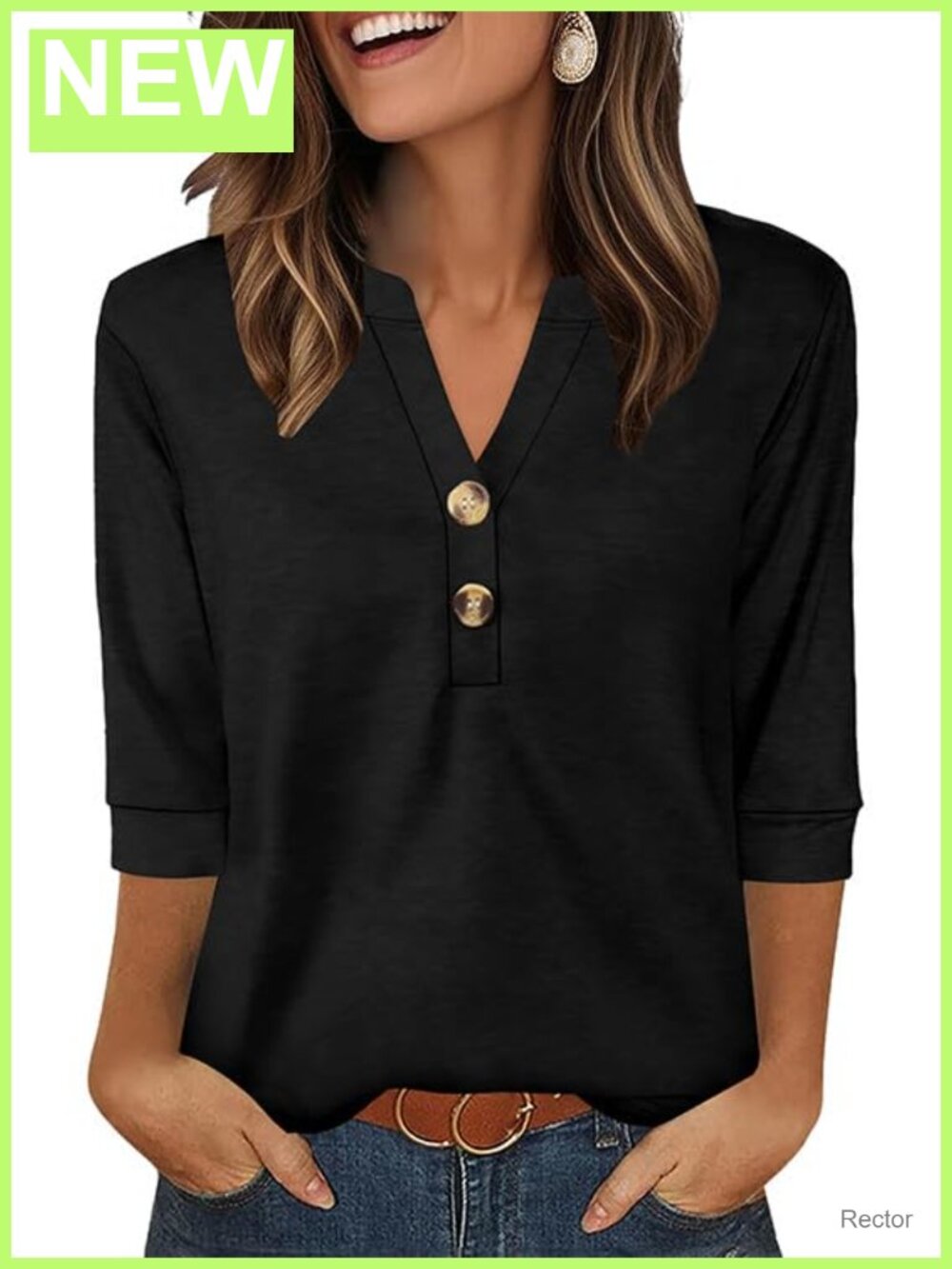 Womens 3/4 Sleeve Henley V-Neck Button Loose Fit T-Shirt Top
